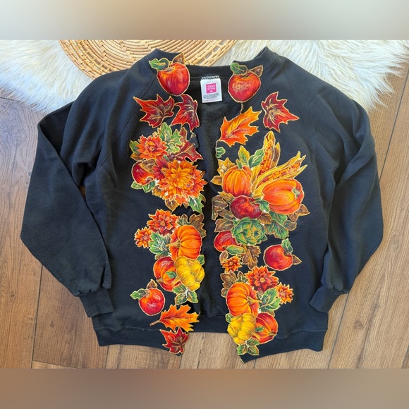 Hanes Sweaters - Hanes Black Autumn Fall Leaves Pumpkin Cardigan Sweatshirt Size XL Vintage